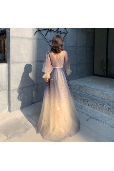 Ombre Long Tulle Sparkly Prom Dress With Fairy Bubble Sleeves - AM79073