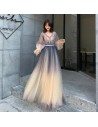 Ombre Long Tulle Sparkly Prom Dress With Fairy Bubble Sleeves - AM79073