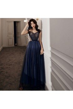 Blue Tulle Long Cutout Cheap Prom Dress With Laceup - AM79064