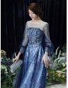 Blue Bling Sequins Aline Cheap Prom Dress With Illusion Long Sleeves - AM79033