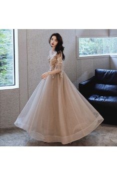 Modest High Neck Lace Brown Tulle Cheap Prom Dress With Tulle Sleeves - AM79070