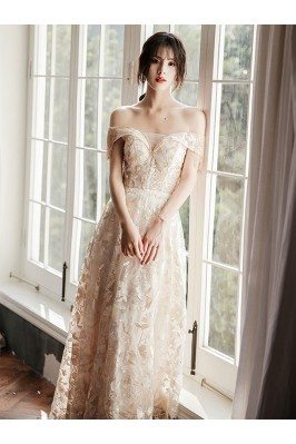 Elegant Champagne Lace Long Prom Dress Off Shoulder - AM79055