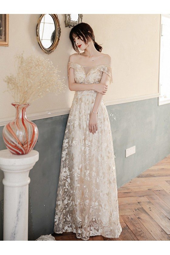 Elegant Champagne Lace Long Prom Dress Off Shoulder - $118.98 #AM79055 - SheProm.com Elegant Champagne Lace Long Prom Dress Off Shoulder - $118.98 #AM79055 - SheProm.com