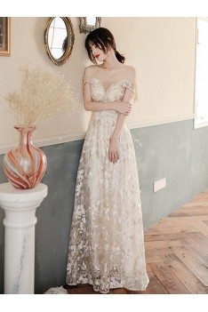 Elegant Champagne Lace Long Prom Dress Off Shoulder - AM79055