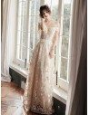 Elegant Champagne Lace Long Prom Dress Off Shoulder - AM79055