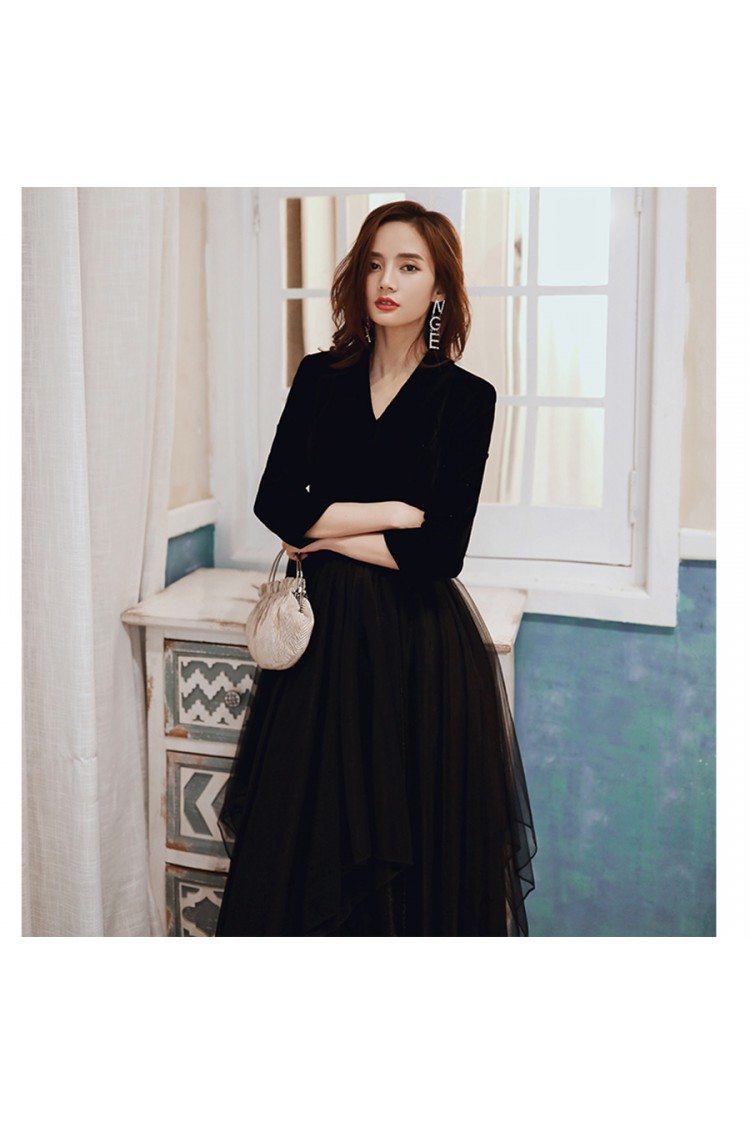Formal Long Black With Tulle Party Dress Vneck With Sleeves - $118.98 # ...