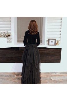 Formal Long Black With Tulle Party Dress Vneck With Sleeves - AM79018