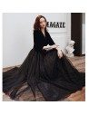 Formal Long Black With Tulle Party Dress Vneck With Sleeves - AM79018