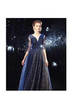 Navy Blue Sparkly Long Formal Prom Dress With Half Sleeves - AM79046