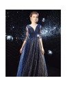 Navy Blue Sparkly Long Formal Prom Dress With Half Sleeves - AM79046