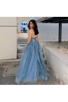 Blue Beaded Lace Beautiful Ruffled Prom Dress With Spaghetti Straps - AM79086