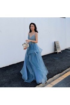 Blue Beaded Lace Beautiful Ruffled Prom Dress With Spaghetti Straps - AM79086