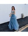 Blue Beaded Lace Beautiful Ruffled Prom Dress With Spaghetti Straps - AM79086