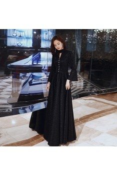 Classy Long Black Aline Evening Dress With Flare Long Sleeves - AM79020