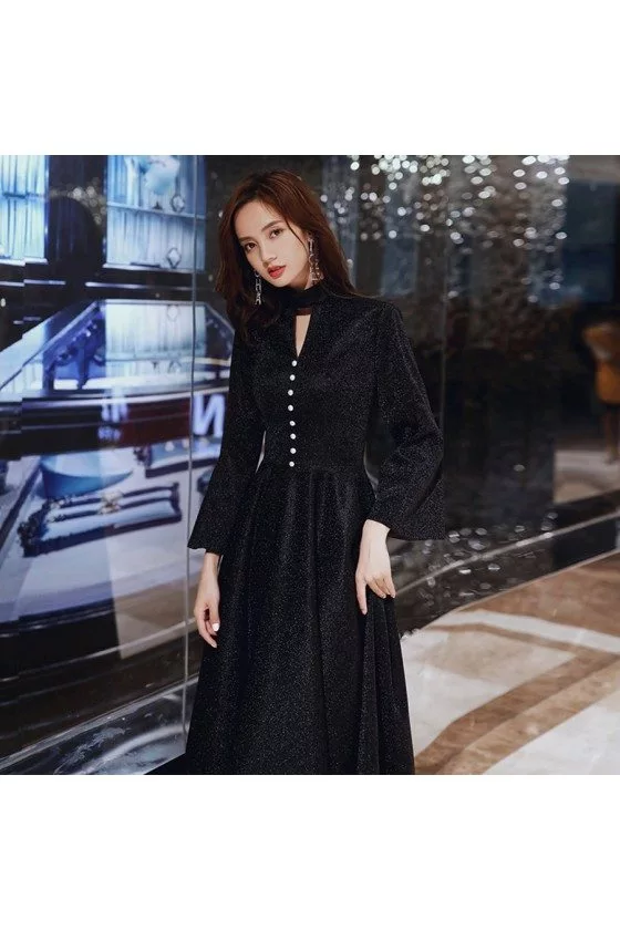 Classy Long Black Aline Evening Dress With Flare Long Sleeves - $118.98 ...