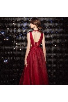 Beaded Illusion Vneck Sparkly Red Prom Dress With Keyhole Back - AM79078
