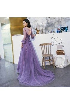 Purple Long Tulle Train Length Prom Dress With Illusion Long Sleeves - AM79048