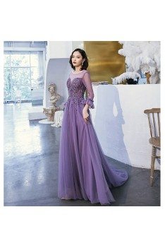 Purple Long Tulle Train Length Prom Dress With Illusion Long Sleeves - AM79048