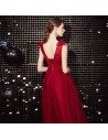Pleated Vneck Long Tulle Party Dress In Burgundy Red - AM79079