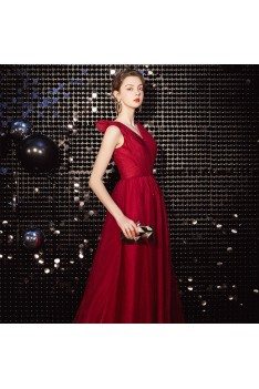 Pleated Vneck Long Tulle Party Dress In Burgundy Red - AM79079