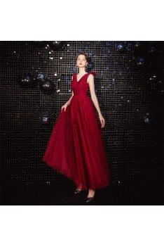 Pleated Vneck Long Tulle Party Dress In Burgundy Red - AM79079