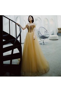Champagne Gold Long Tulle Prom Dress With Sequins Top Off Shoulder - AM79109