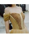 Champagne Gold Long Tulle Prom Dress With Sequins Top Off Shoulder - AM79109