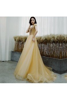 Champagne Gold Long Tulle Prom Dress With Sequins Top Off Shoulder - AM79109