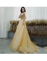 Champagne Gold Long Tulle Prom Dress With Sequins Top Off Shoulder - AM79109