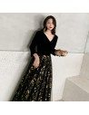Black With Gold Formal Evening Dress Vneck With Sleeves - AM79010