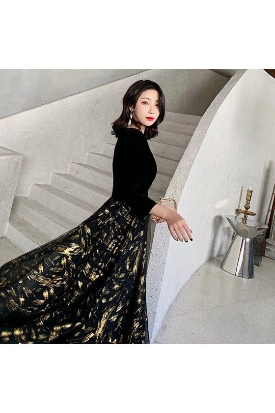Black With Gold Formal Evening Dress Vneck With Sleeves - $113.9832  #AM79010 - SheProm.com