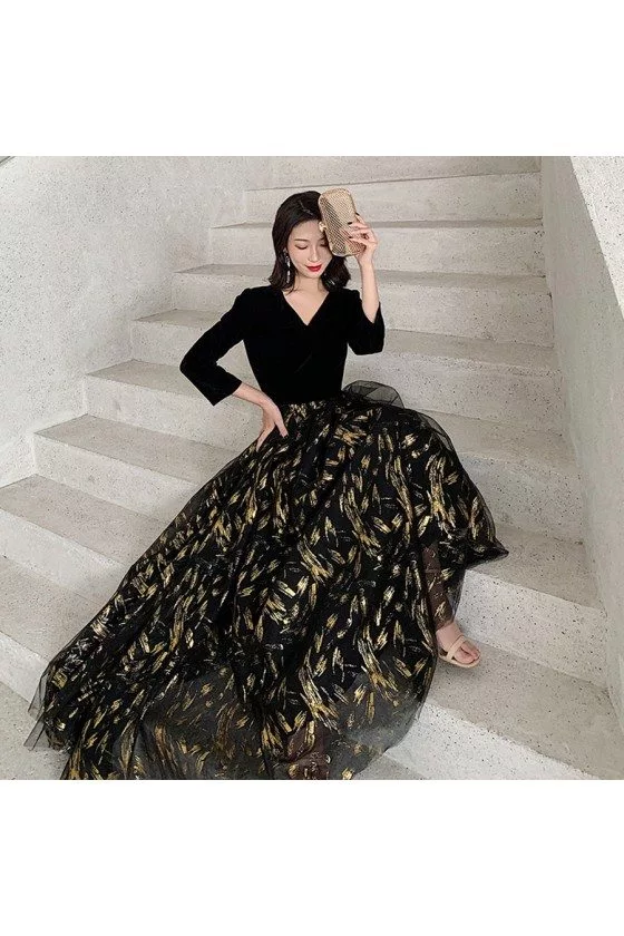Black With Gold Formal Evening Dress Vneck With Sleeves - $113.9832  #AM79010 - SheProm.com