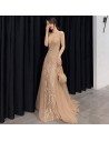 Champagne Beaded Vneck Tulle Long Prom Dress Sleeveless - AM79105