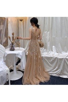 Champagne Beaded Vneck Tulle Long Prom Dress Sleeveless - AM79105