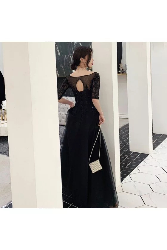 Modest Long Black Formal Dress With Beaded Half Sleeves - $124.9776 #AM79144 - SheProm.com