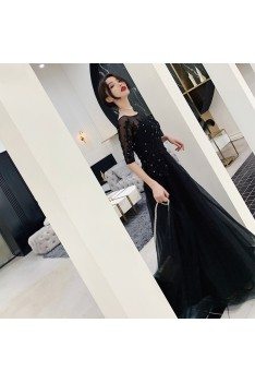 Modest Long Black Formal Dress With Beaded Half Sleeves - AM79144