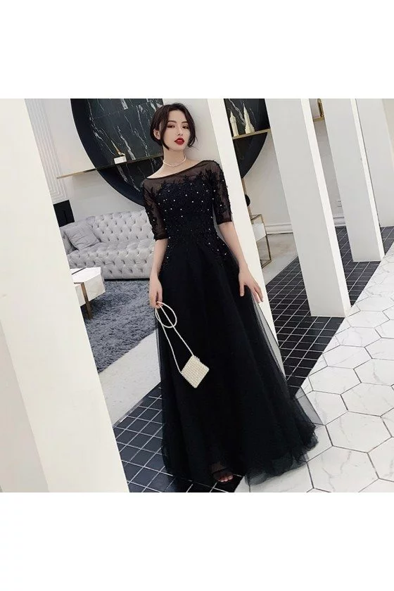 Modest Long Black Formal Dress With Beaded Half Sleeves - $124.9776 #AM79144 - SheProm.com