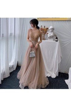 Brown Vneck Long Tulle Elegant Party Dress With Beaded Waist - AM79102