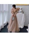 Brown Vneck Long Tulle Elegant Party Dress With Beaded Waist - AM79102