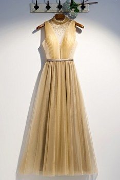 Long Gold Flowy Tulle Party Prom Dress With Sheer Vneck - MYS79095
