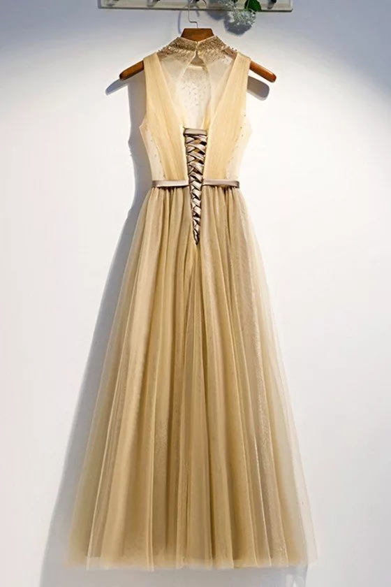 Long Gold Flowy Tulle Party Prom Dress With Sheer Vneck - $97.9776 #MYS79095 - SheProm.com Long Gold Flowy Tulle Party Prom Dress With Sheer Vneck - $97.9776 #MYS79095 - SheProm.com