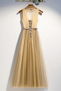 Long Gold Flowy Tulle Party Prom Dress With Sheer Vneck - MYS79095