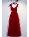 Pretty Long Tulle Burgundy Aline Prom Party Dress With Vneck - MYS69013