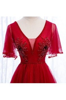 Burgundy Elegant Tulle Long Prom Dress With Vneck Sleeves - MYS69091