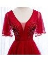 Burgundy Elegant Tulle Long Prom Dress With Vneck Sleeves - MYS69091