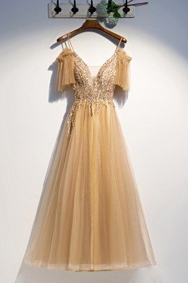 Flowy Long Tulle Gold Prom Dress With Straps Sleeves - MYS79094