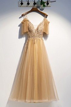 Flowy Long Tulle Gold Prom Dress With Straps Sleeves - MYS79094