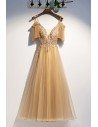 Flowy Long Tulle Gold Prom Dress With Straps Sleeves - MYS79094