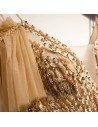 Flowy Long Tulle Gold Prom Dress With Straps Sleeves - MYS79094