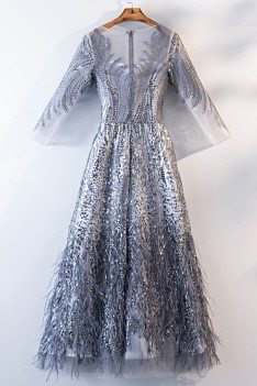 Unique Sparkly Silver Long Party Dress With Sheer Long Sleeves - MYS68069